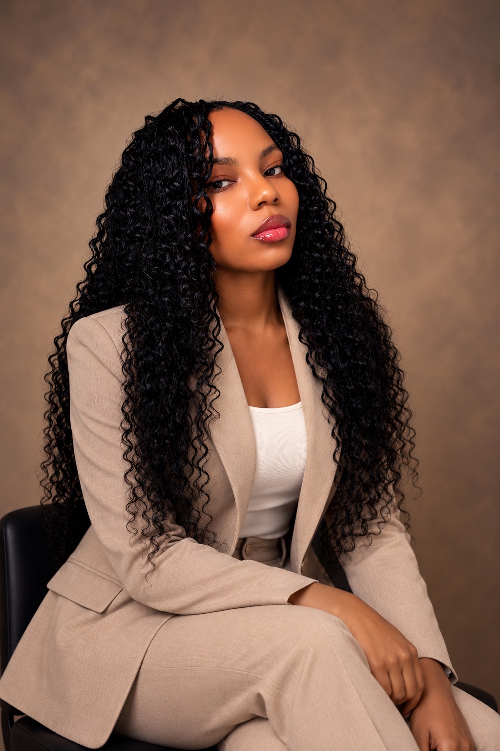 Naomi Bamidele seated in a beige suit