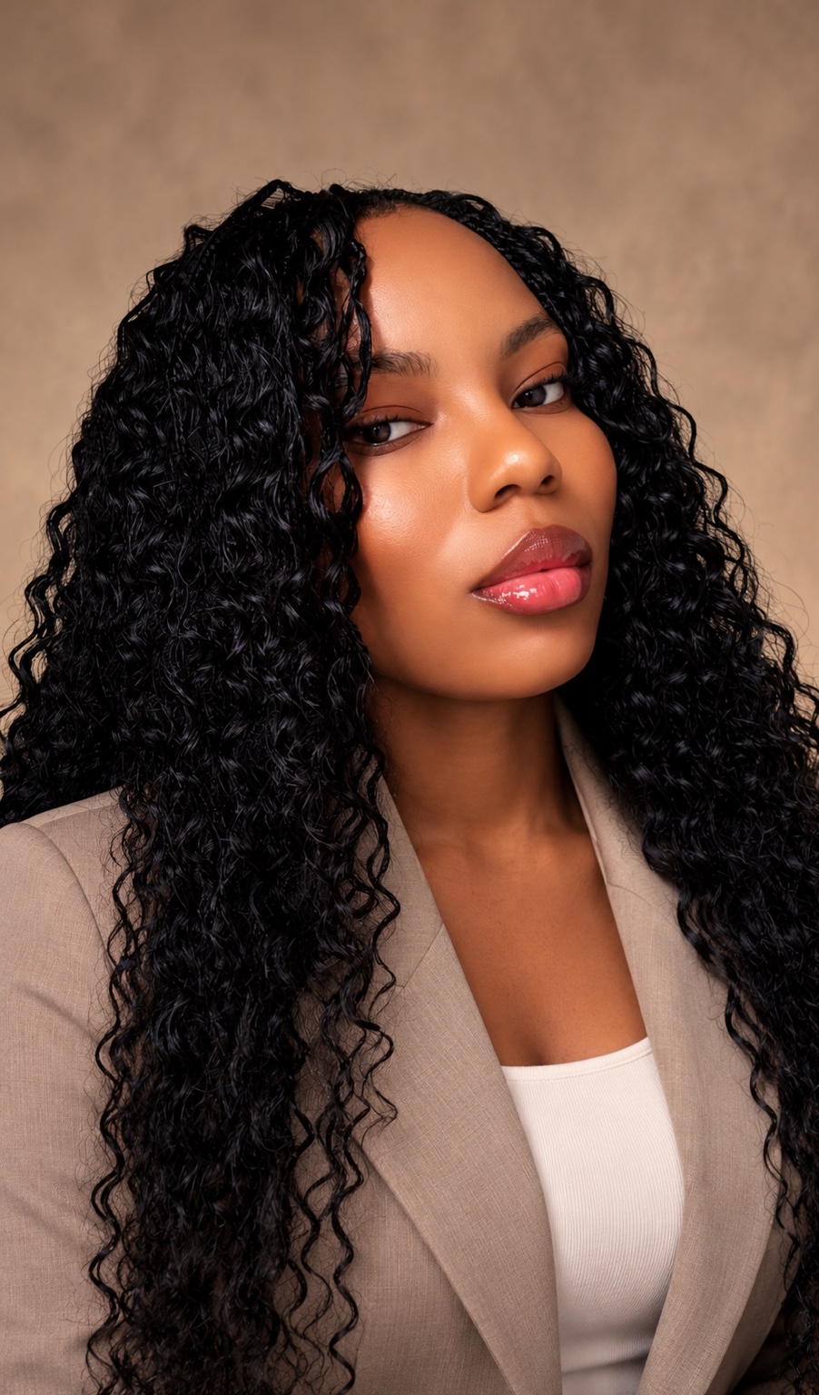 Close-up portrait of Naomi Bamidele in a beige blazer